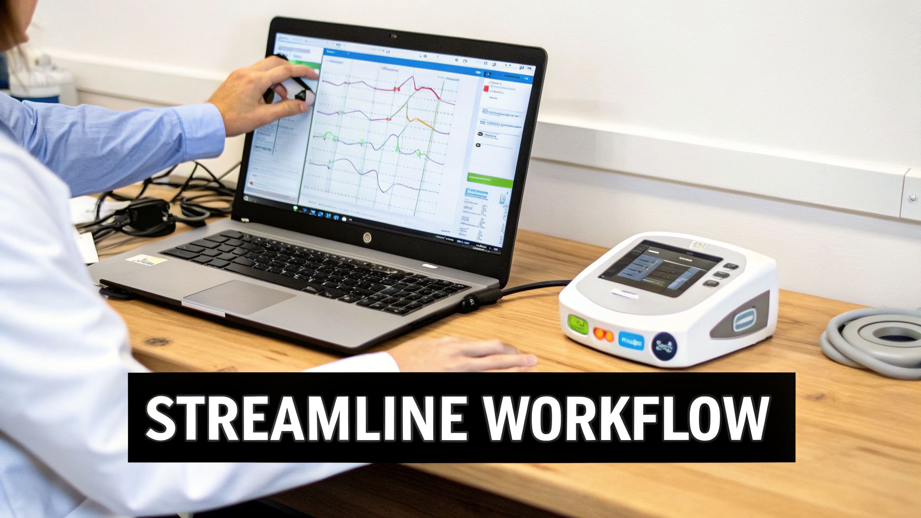 A person analyzing medical data on a laptop connected to a health monitoring device, streamlining workflow.