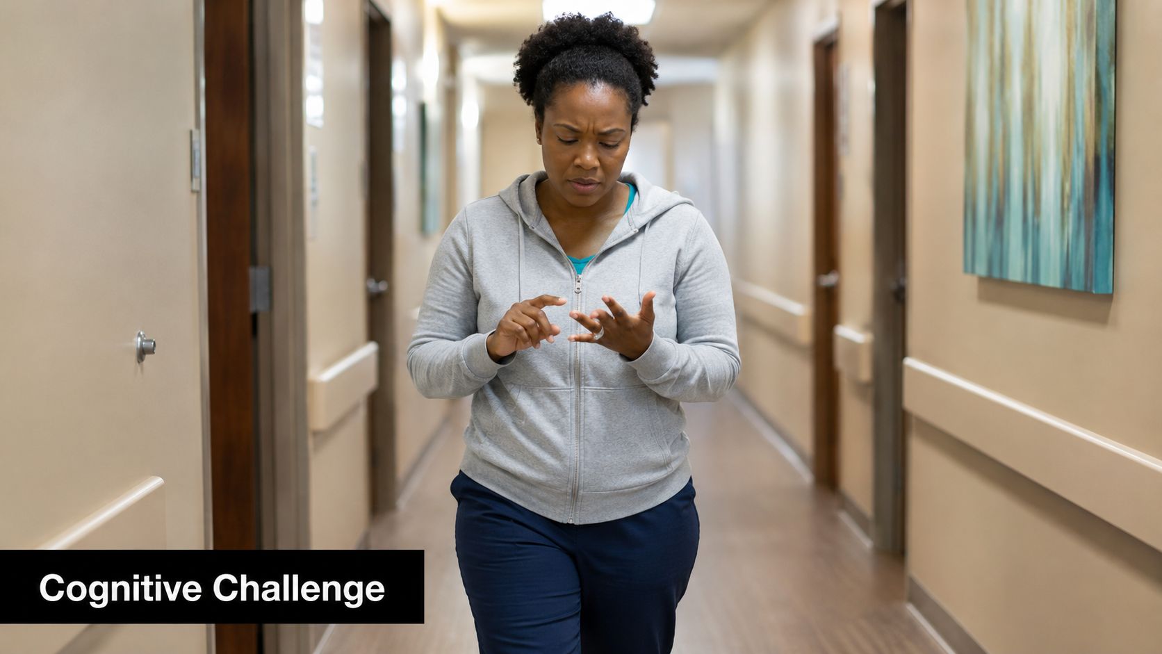 The Timed Up and Go Test: A Complete Clinical Guide 8 A woman walks down a hallway while performing a cognitive task as part of a physical assessment.