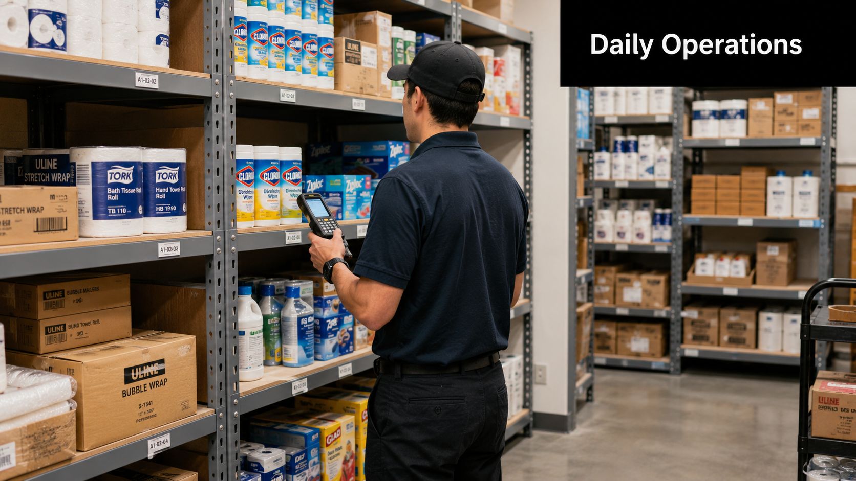 Master Consumables Inventory Management for Fitness 8 A warehouse employee scanning inventory on metal shelving stocked with cleaning supplies and paper products.