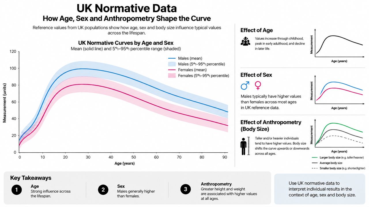 A chart displaying UK normative data for measurements across age, sex, and body size variations.
