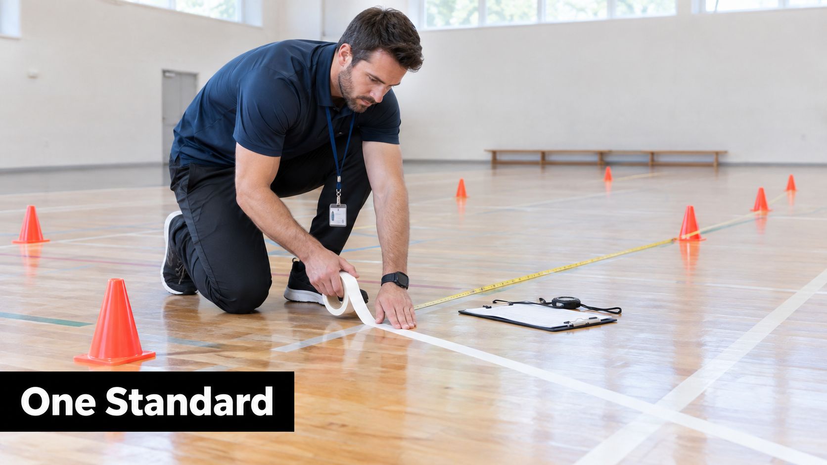 A male instructor kneeling on a wooden gym floor to measure and tape a fitness test course.