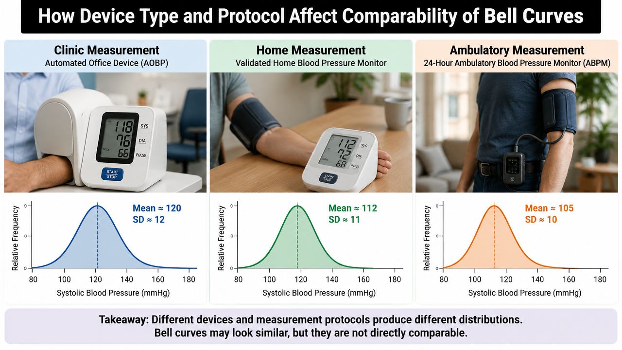 A chart comparing blood pressure measurement distributions from clinic, home, and ambulatory devices showing different bell curves.