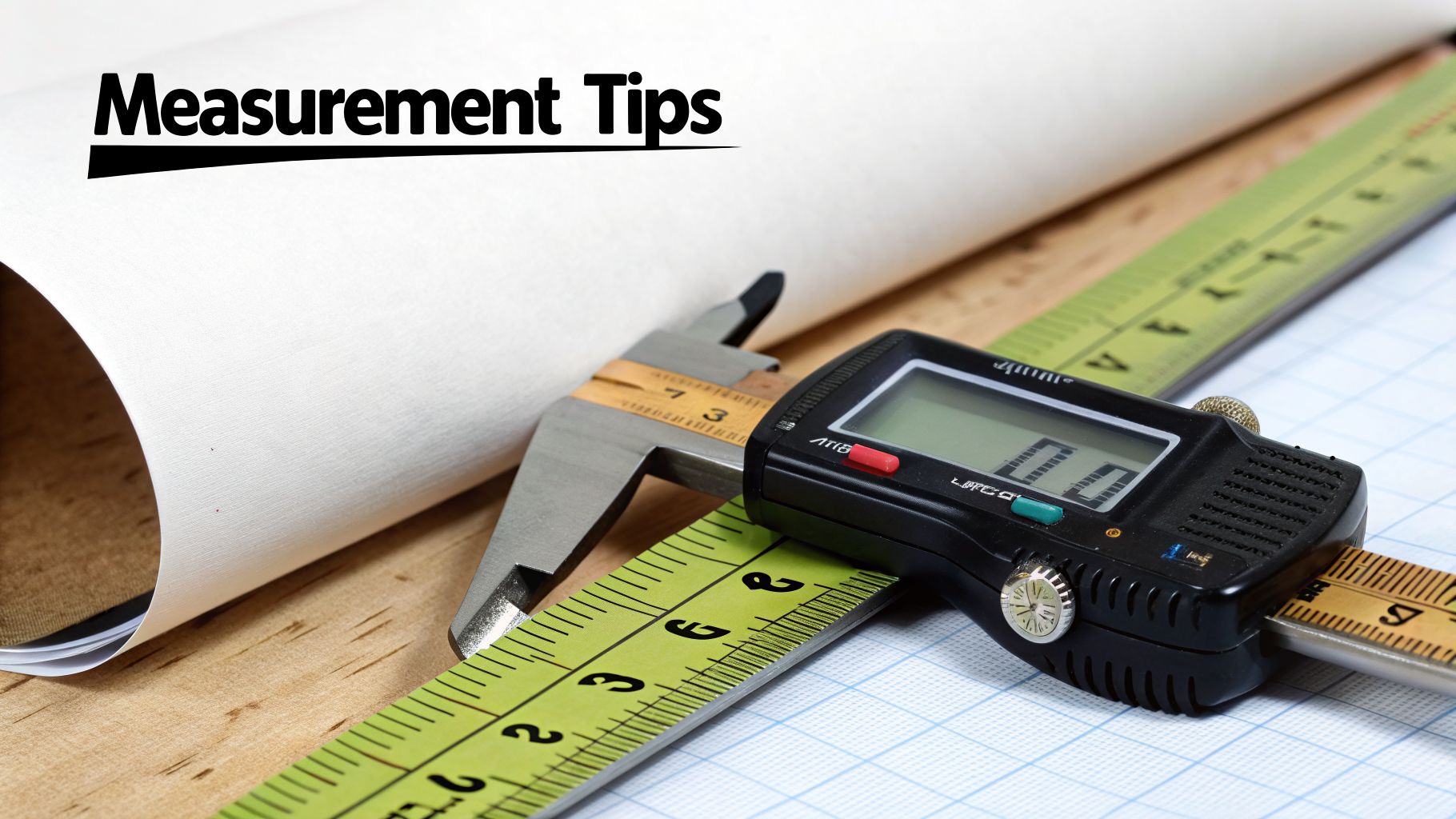 A digital caliper, tape measure, and ruler on graph paper with text 'Measurement Tips'.