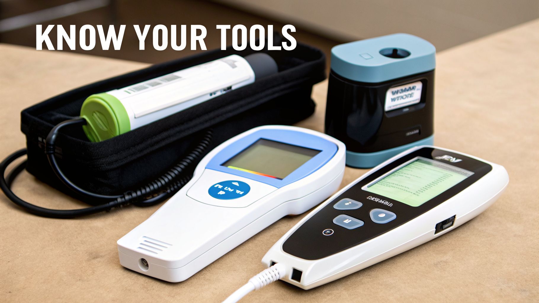 A collection of portable health monitoring devices including handheld diagnostic tools and medical equipment.