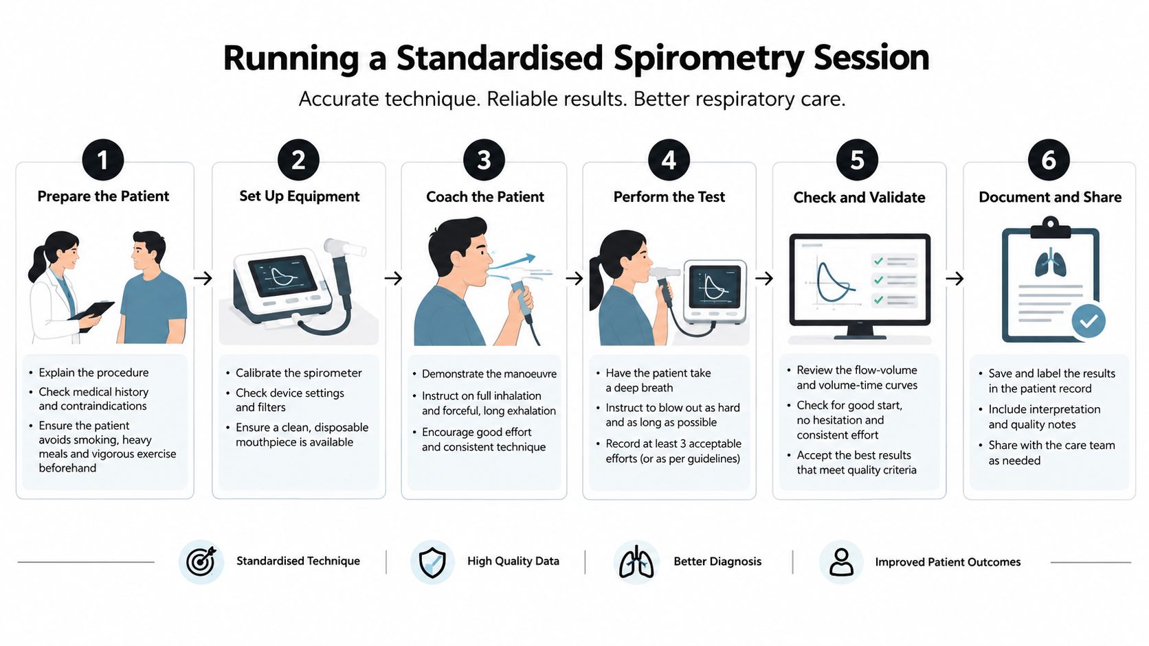 Lung Function Test: A Professional Guide to Spirometry 4 A six-step infographic illustrating the professional procedure for conducting a standardized spirometry lung function test.
