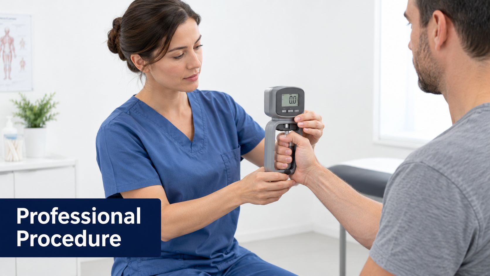 A healthcare professional using a portable digital hand dynamometer to measure a patient's grip strength in a clinic.