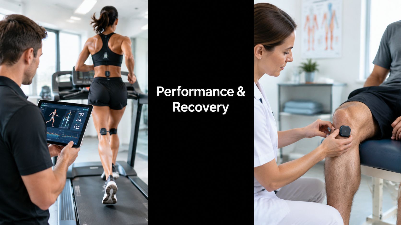 A split image showing a fitness professional monitoring a runner and a clinician treating a patient's knee.