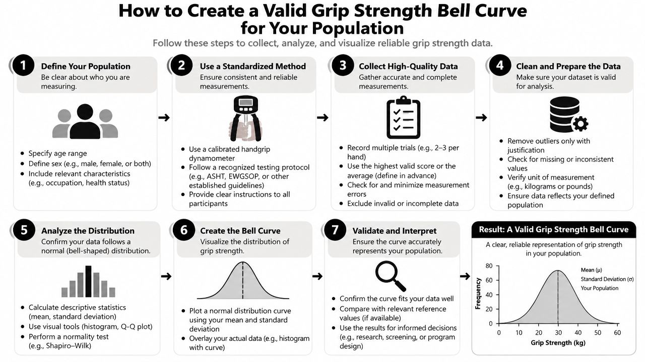 An infographic detailing seven steps to create a valid grip strength bell curve for a specific population.