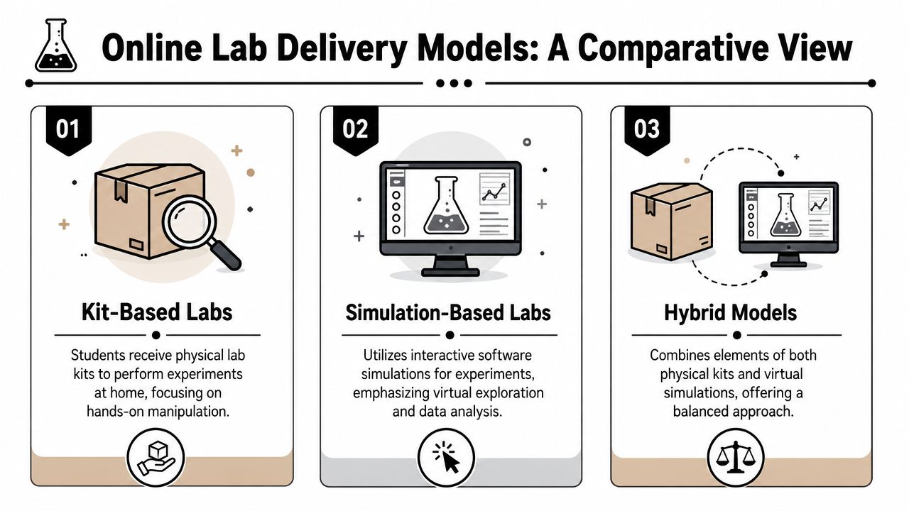Physiology with Lab Online: Your 2026 Success Guide 4 A diagram comparing three online lab delivery models: kit-based, simulation-based, and hybrid lab approaches.