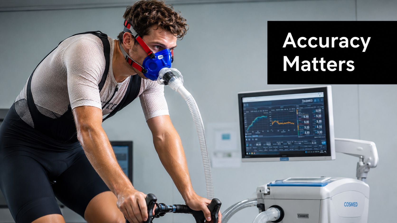 Quality Control Procedures for Fitness Testing Equipment 2 An athlete wearing a metabolic mask exercises on a stationary bike while connected to testing equipment.