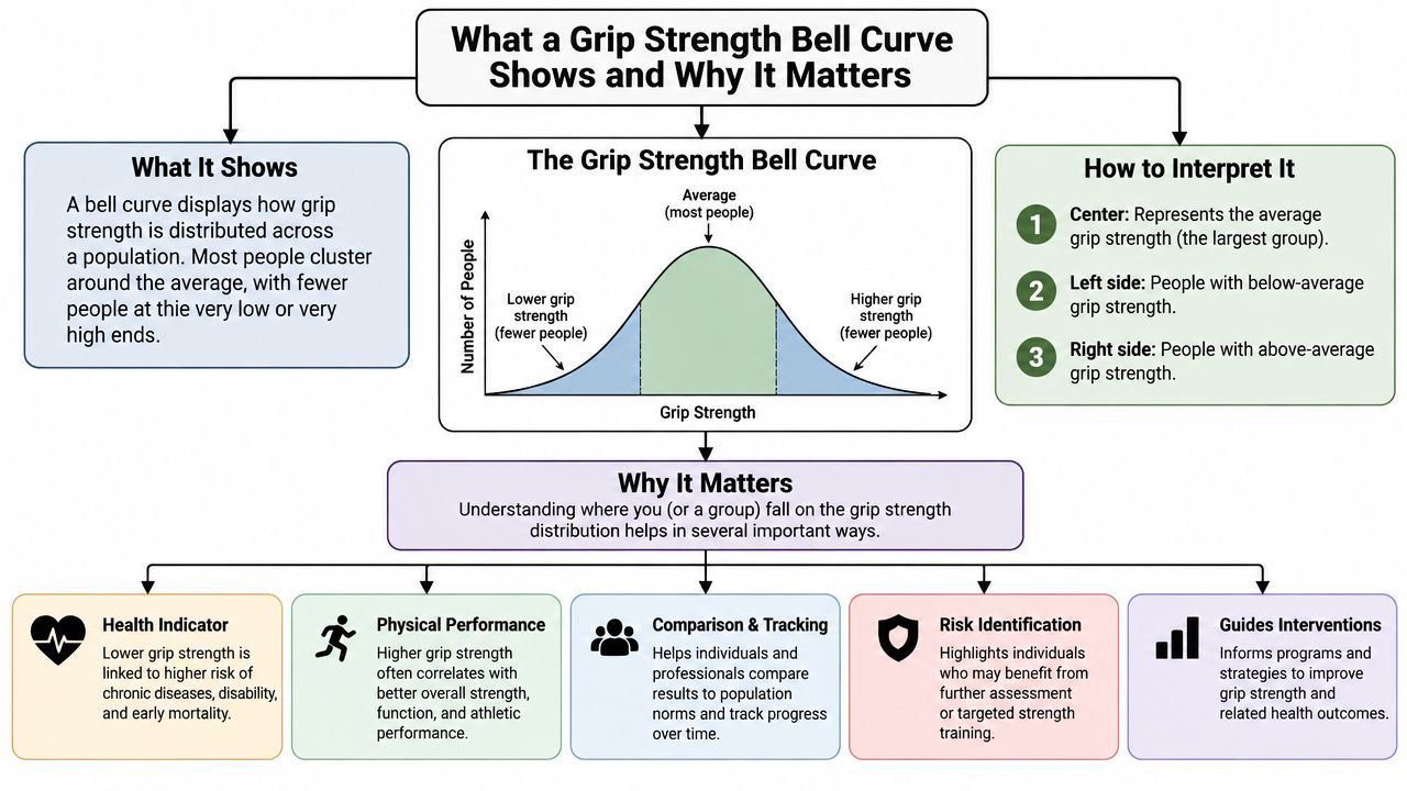An infographic explaining the grip strength bell curve, its interpretation, and its importance for health and performance tracking.