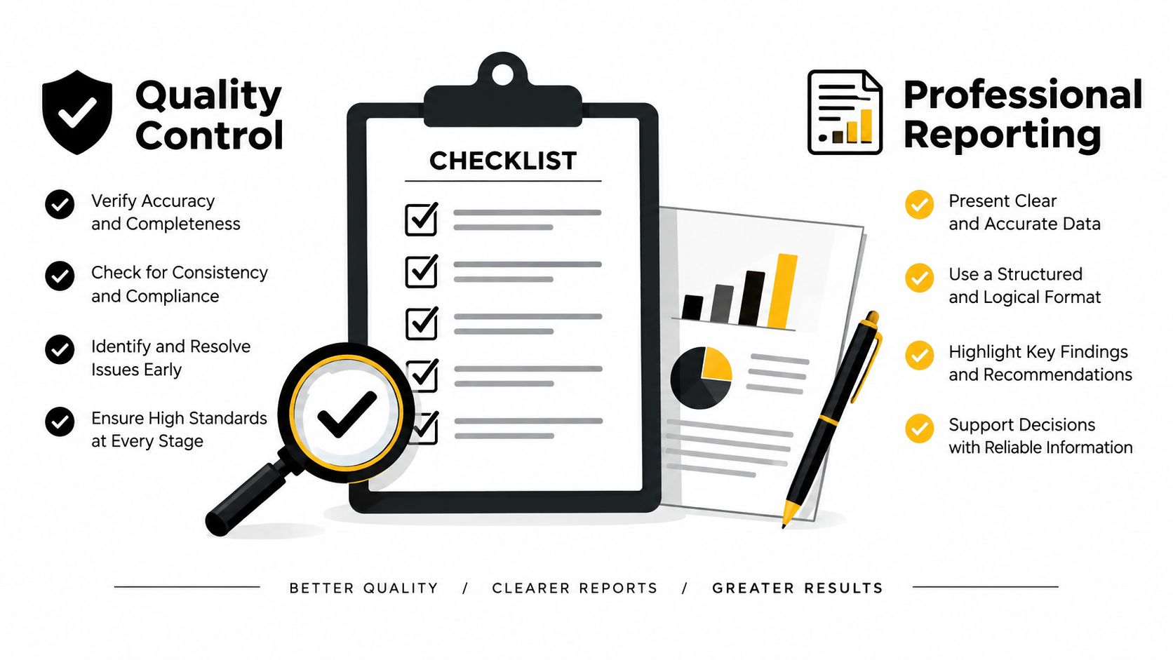Lung Function Test: A Professional Guide to Spirometry 8 A graphic illustration representing quality control and professional reporting with a checklist, magnifying glass, and business data charts.