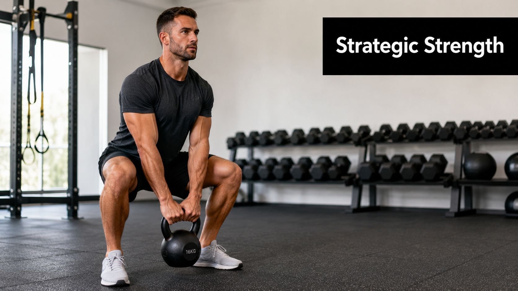 A muscular man performing a kettlebell squat exercise in a modern gym with weights in the background.