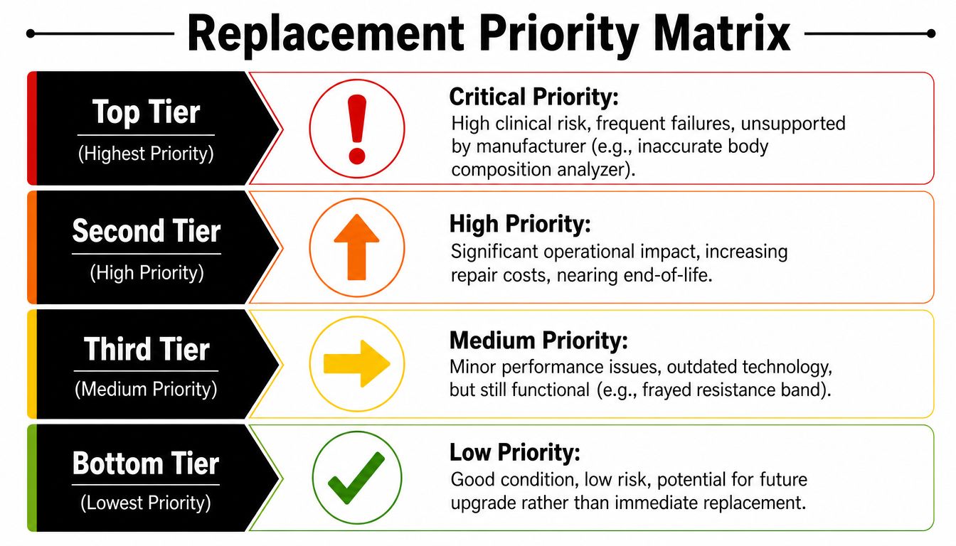 Equipment Replacement Planning for Health & Fitness 6 A Replacement Priority Matrix chart categorizing equipment maintenance and replacement urgency from top to bottom tiers.