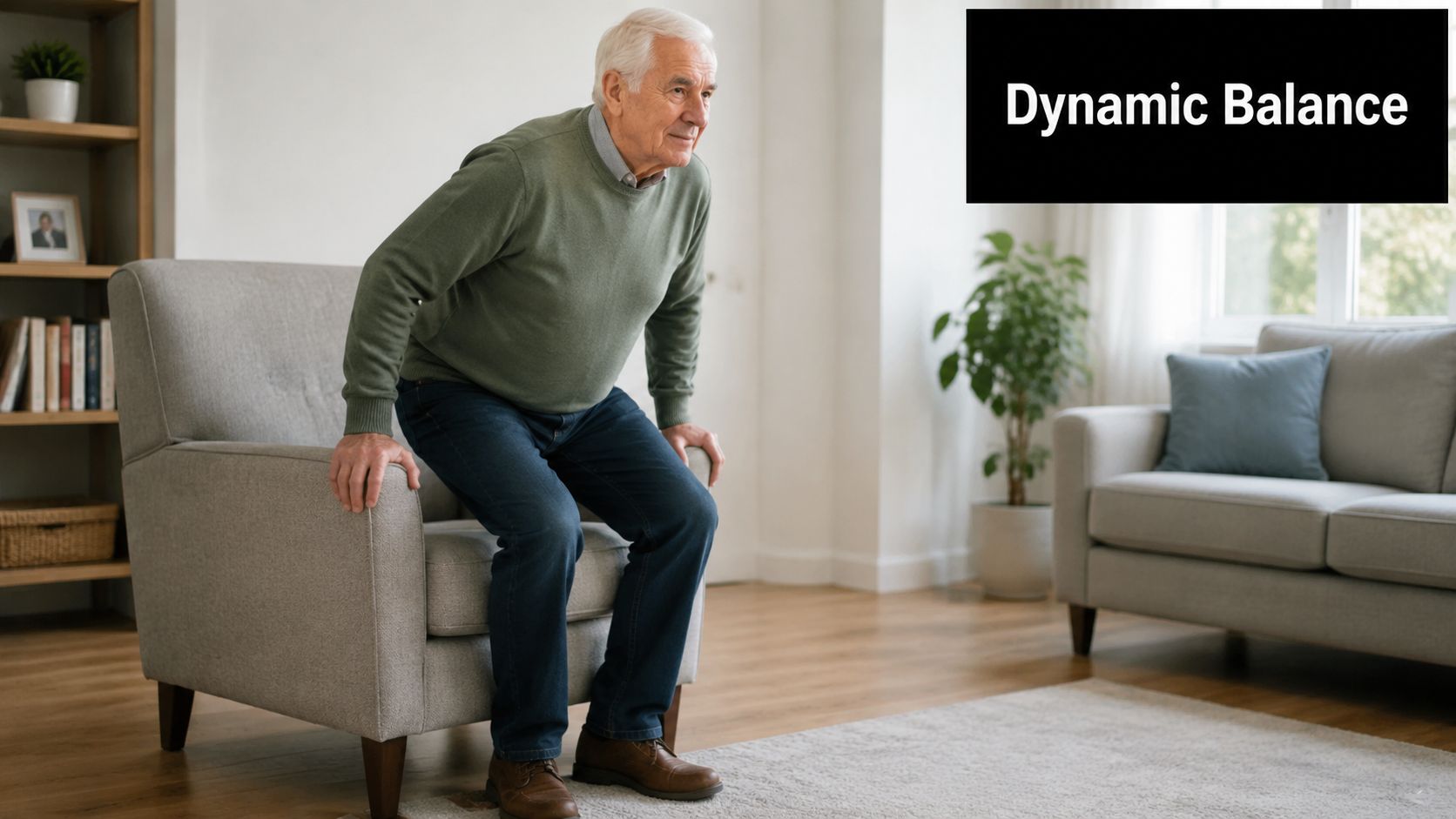 The Timed Up and Go Test: A Complete Clinical Guide 2 An elderly man performing a sit-to-stand exercise to practice dynamic balance in his living room.