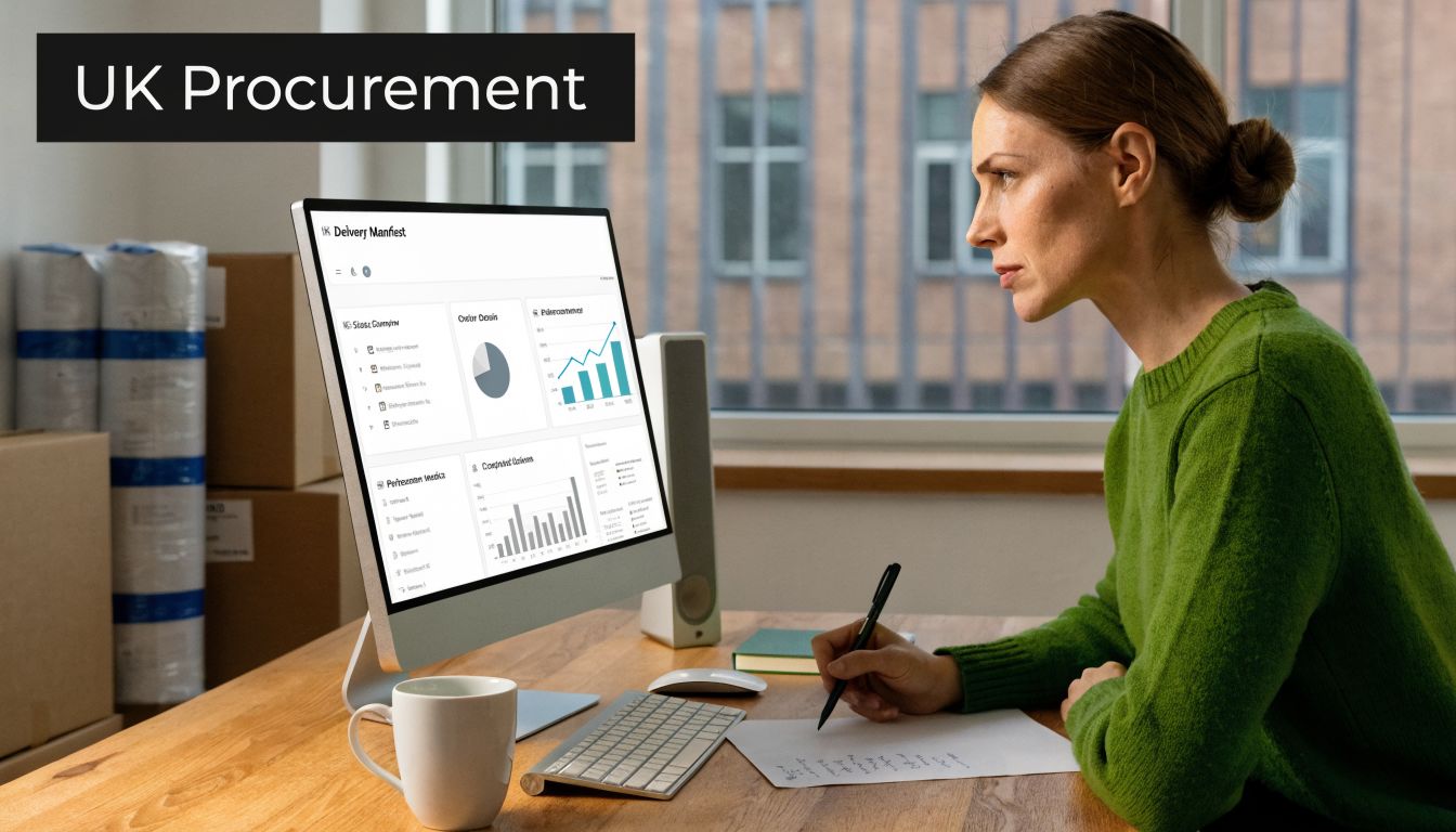 A professional woman in a green sweater reviewing logistics data on a computer screen in an office.