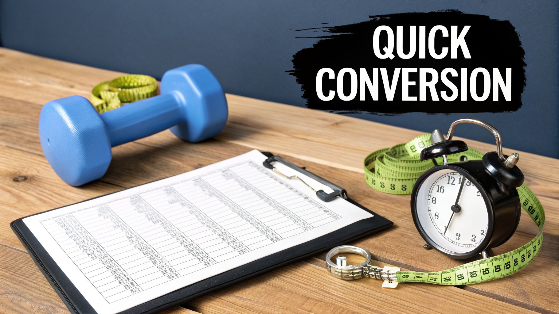 Fitness-related items on a wooden desk with a 'QUICK CONVERSION' text overlay.