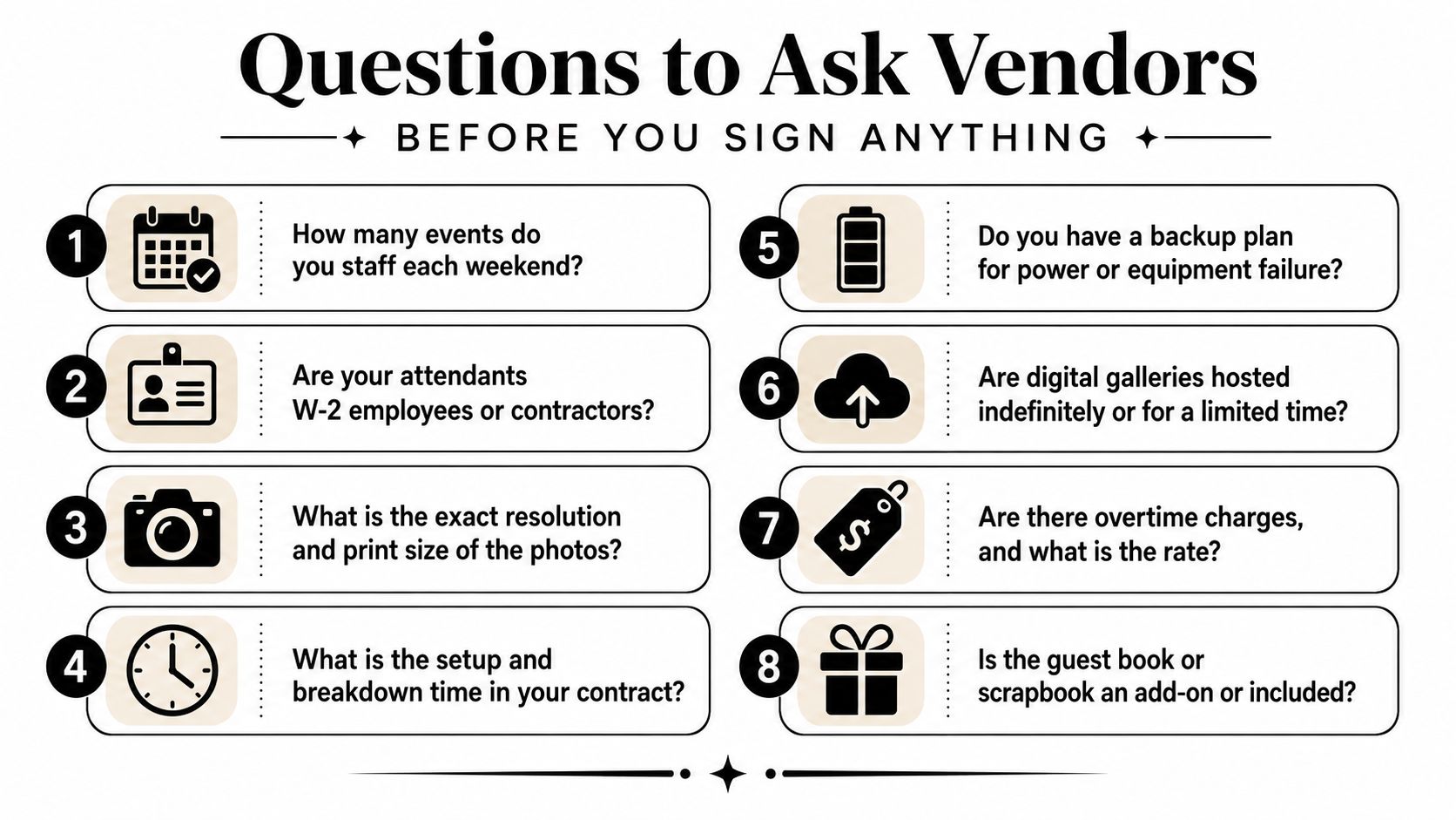 A list of eight important questions to ask event vendors before signing a service contract.