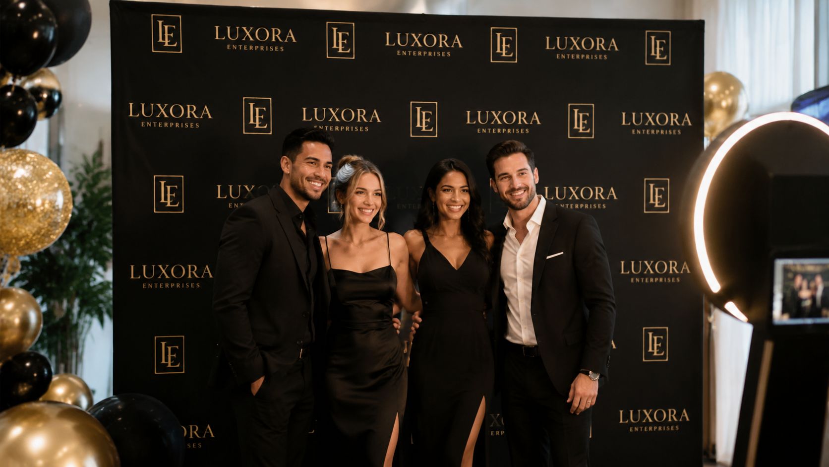 Two couples in formal evening attire posing for a picture in front of a branded photo backdrop.