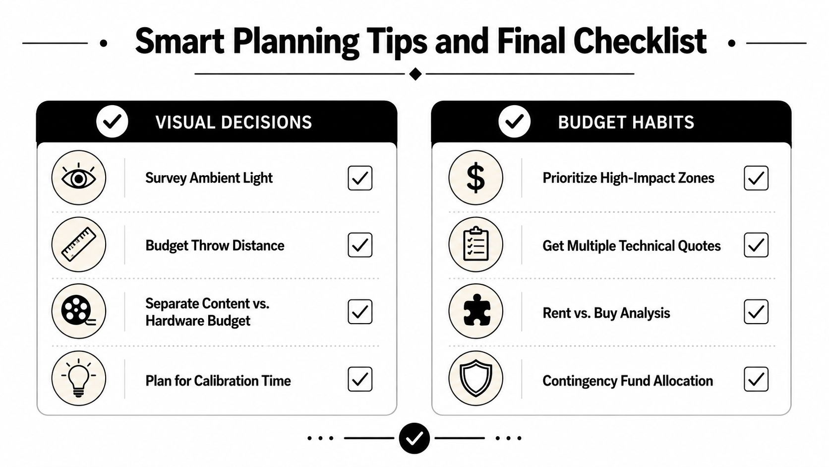 A checklist infographic titled Smart Planning Tips for events featuring categories for visual decisions and budget habits.