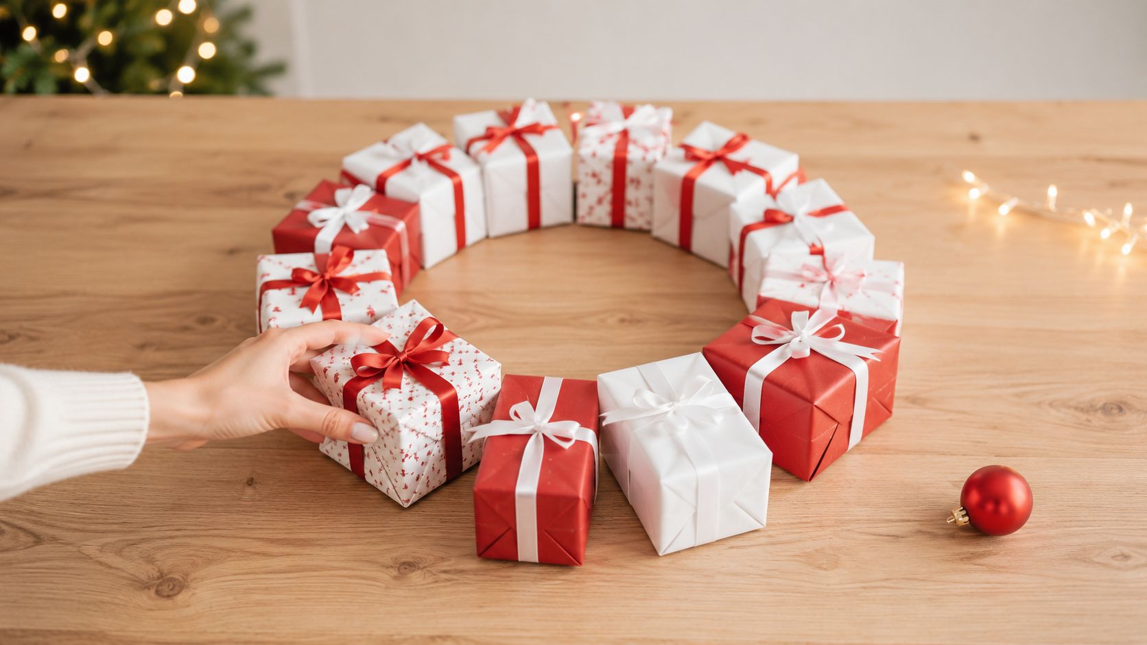 A hand placing a wrapped gift into a festive circular arrangement of Christmas presents on a wooden table.