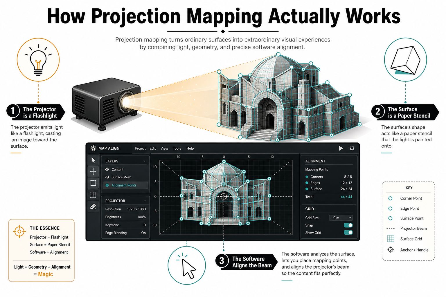 An infographic diagram explaining the three key components of projection mapping: projector, surface, and alignment software.
