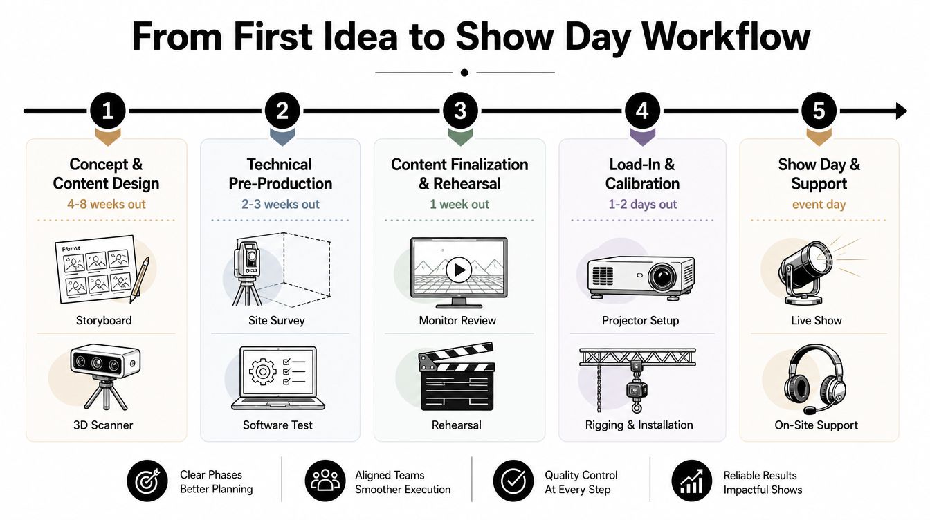 A five-step workflow infographic detailing the process from conceptual design to event day support for projection mapping.