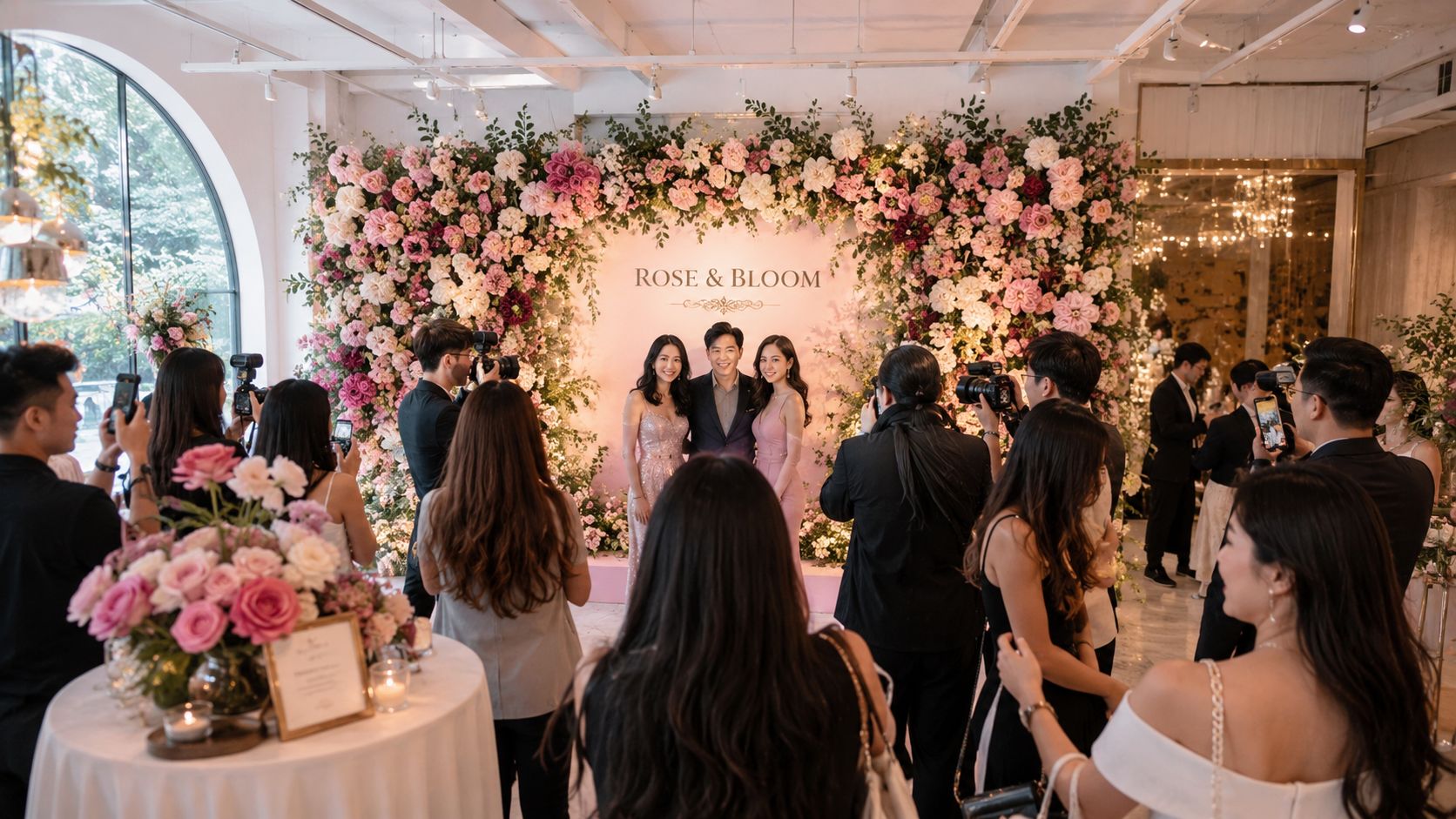 A couple poses for a professional photoshoot in front of a stunning floral wedding backdrop