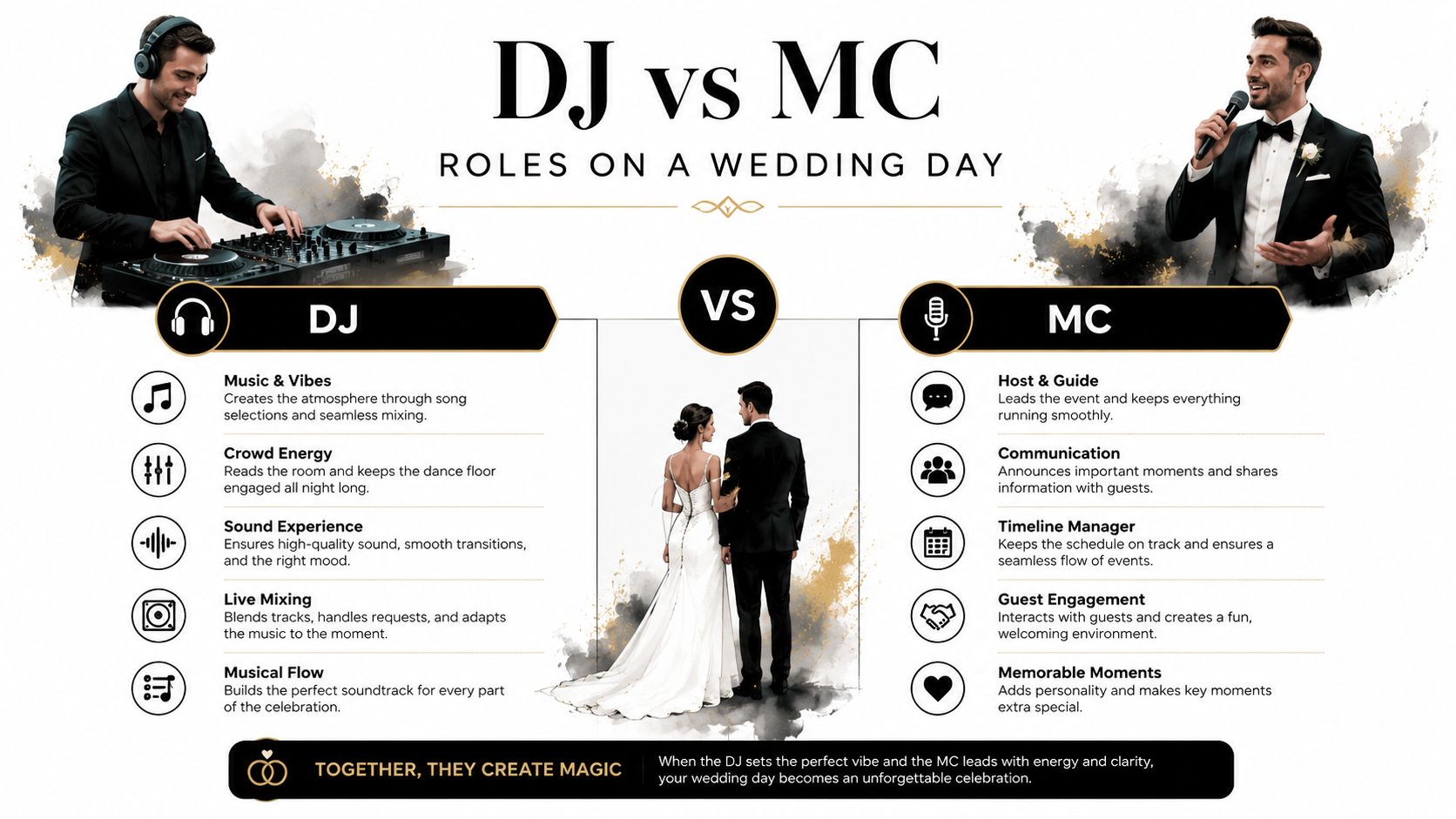 An infographic comparing the distinct roles of a DJ and an MC at a wedding celebration.