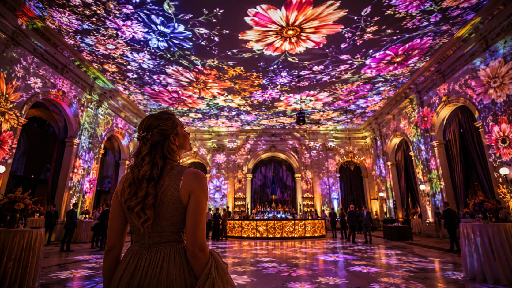 A woman in an elegant dress admires vibrant floral projection mapping displayed on a grand ballroom ceiling.