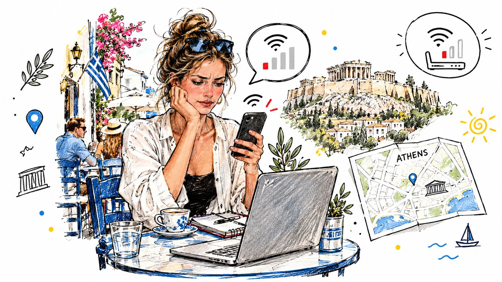 A frustrated digital nomad working on a laptop at a cafe in Athens with poor internet connection.
