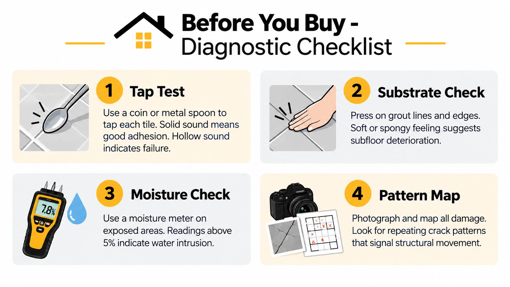 A diagnostic checklist infographic illustrating four essential steps for evaluating potential damage to ceramic tile floors.