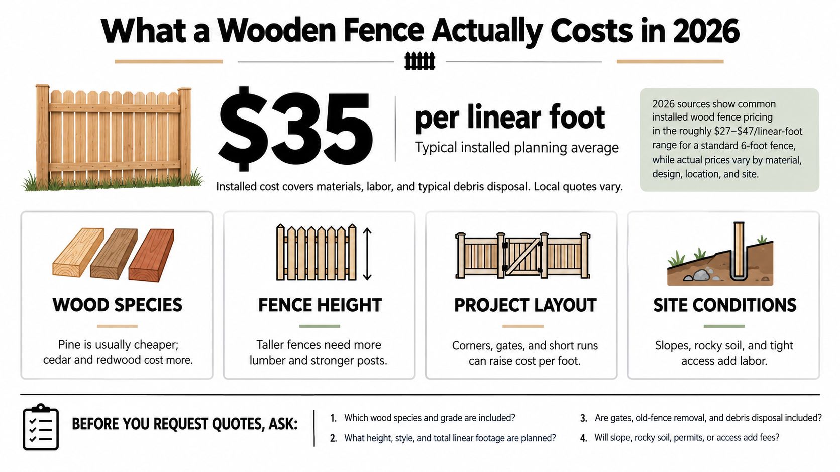 An infographic titled What a Wooden Fence Actually Costs in 2026, detailing pricing factors for residential fencing.