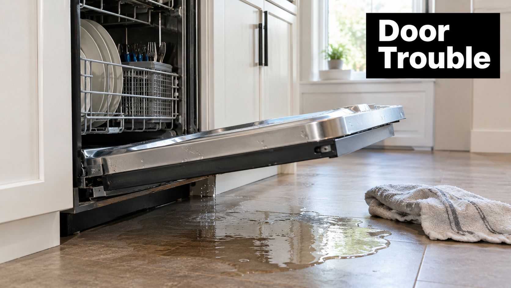 A leaking dishwasher with a puddle on the kitchen floor and a towel nearby for cleanup.