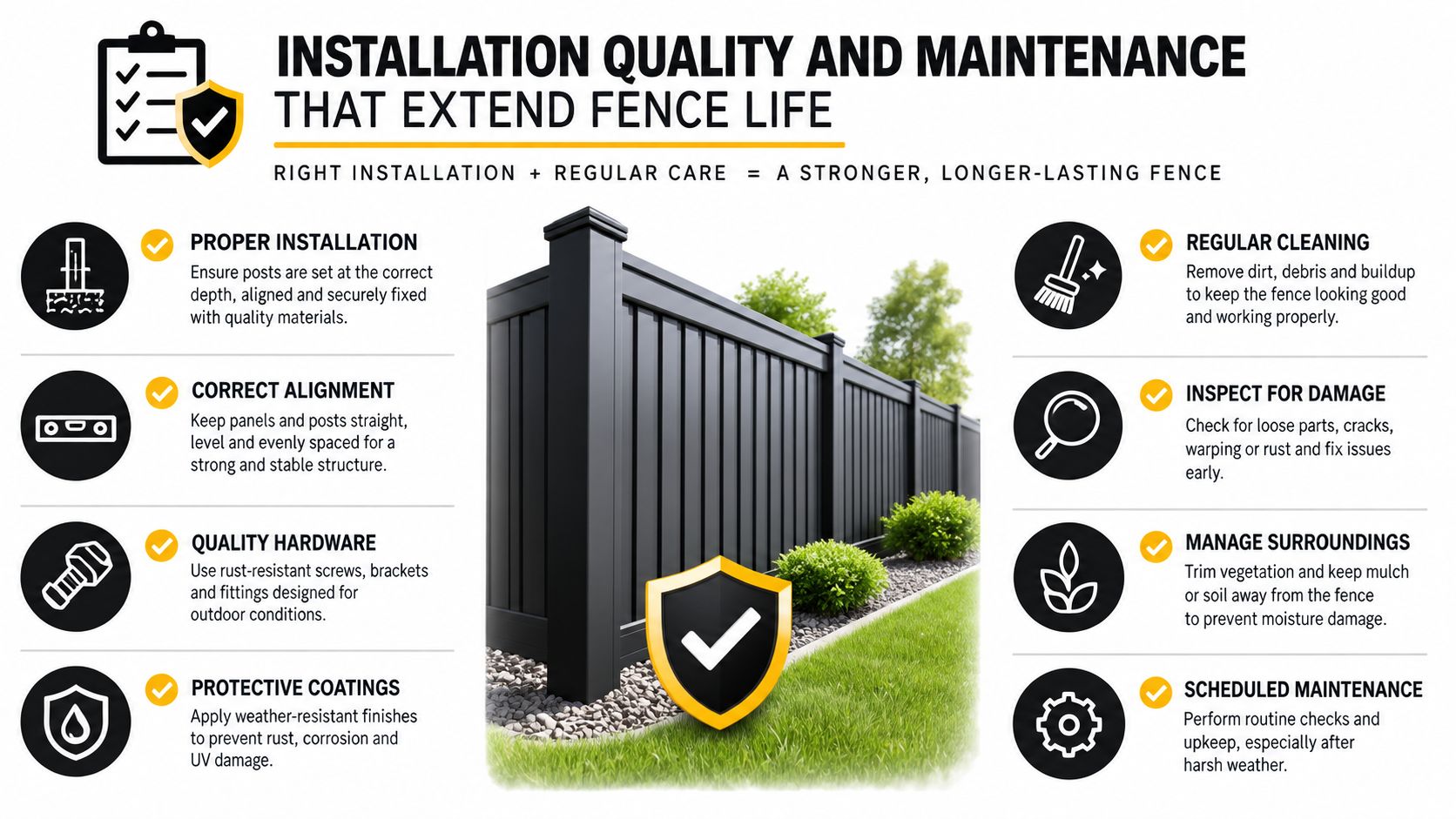 An infographic detailing essential installation and maintenance tips to ensure your fence lasts as long as possible.