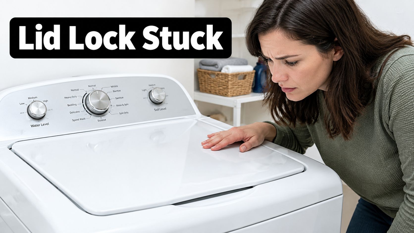 A concerned woman looks down at her top loading washing machine with a stuck lid lock indicator.