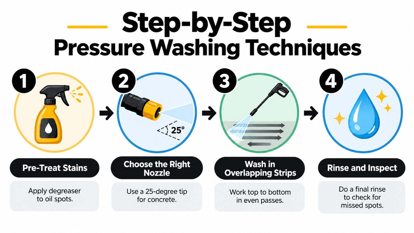 A four-step infographic illustrating the techniques for pressure washing a concrete driveway safely and effectively.