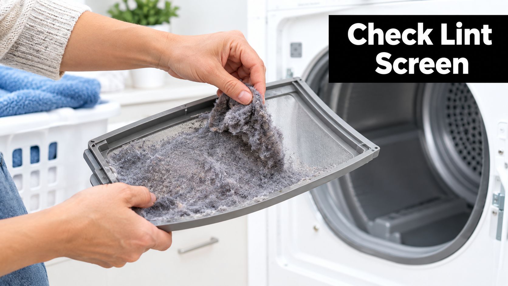A person cleaning out a buildup of grey lint from a dryer lint screen trap filter.
