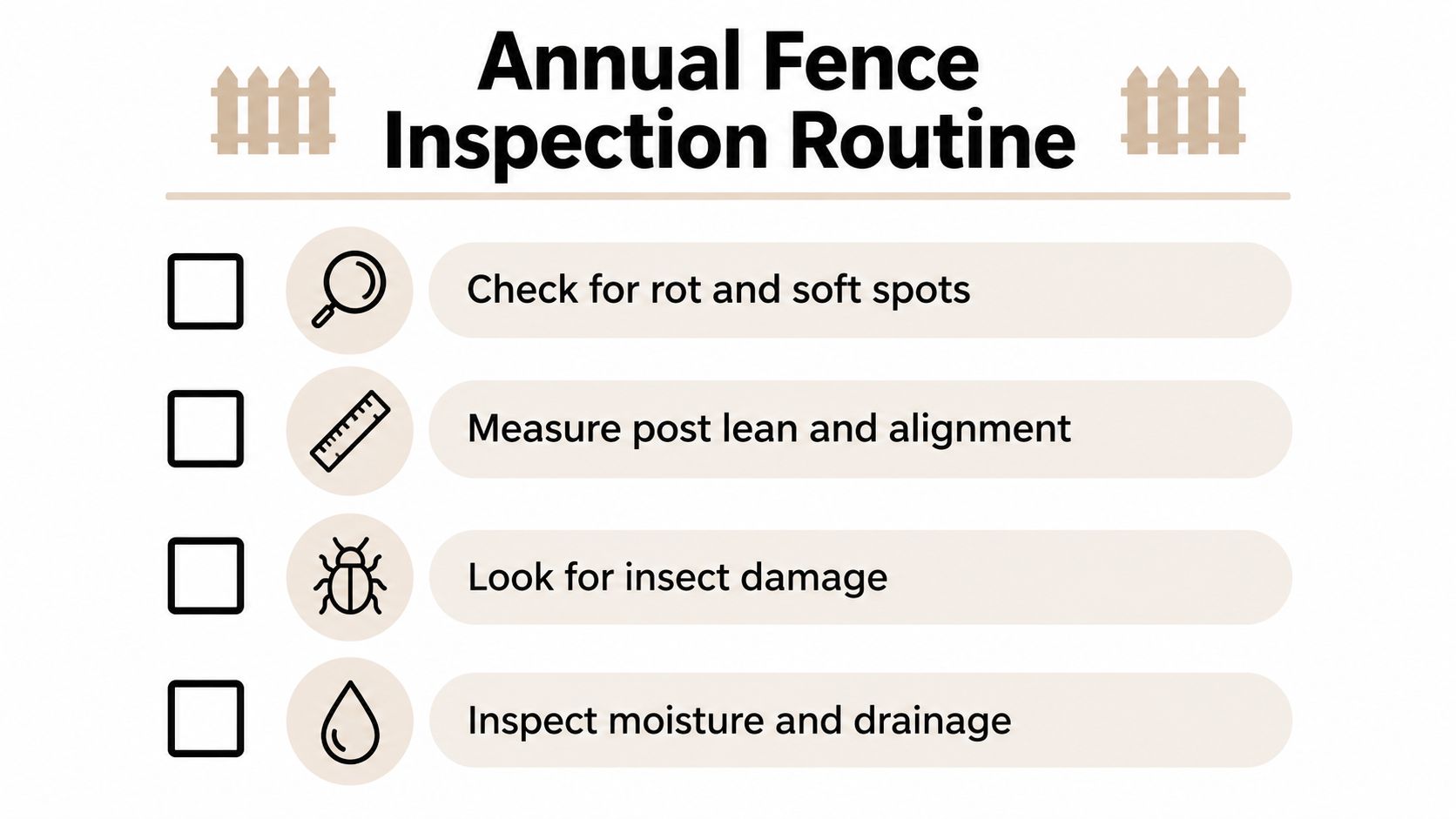 A checklist infographic titled Annual Fence Inspection Routine with icons for checking rot, post lean, insects, and moisture.
