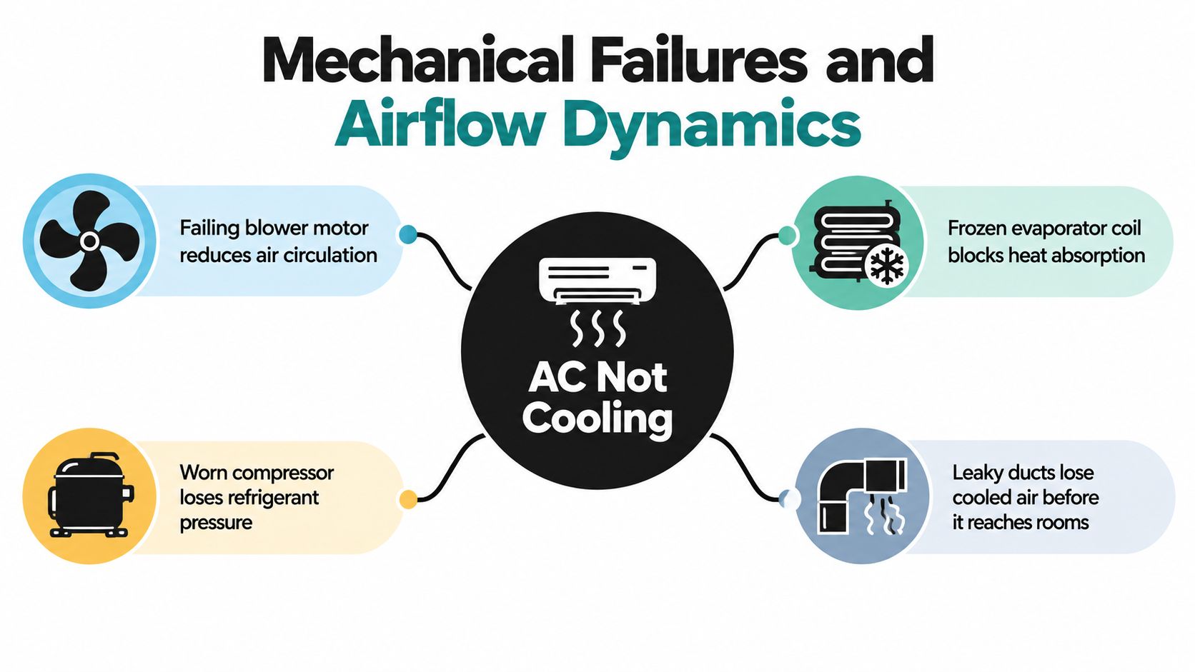 A diagram illustrating four common mechanical and airflow causes for an air conditioner not cooling properly.
