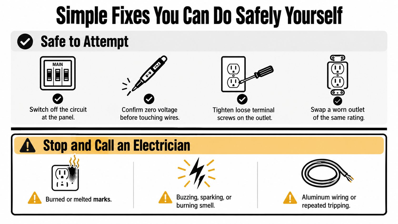 An infographic distinguishing between DIY electrical fixes and situations requiring a professional electrician for safety.