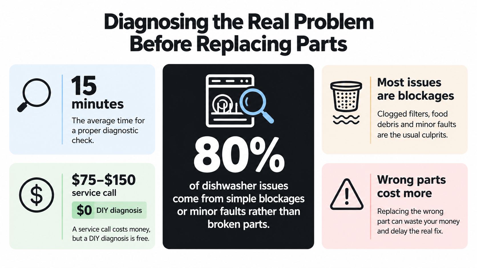 An infographic detailing why it is important to diagnose dishwasher issues before replacing parts to save money.