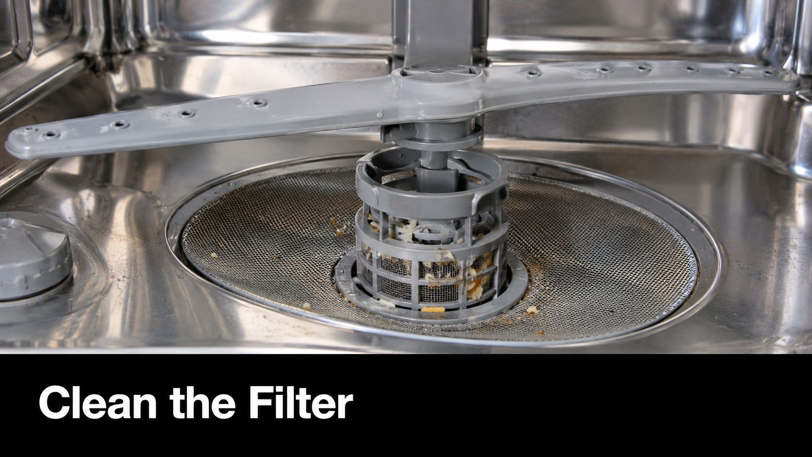 A close-up view inside a dishwasher showing a dirty filter filled with food debris and grime.