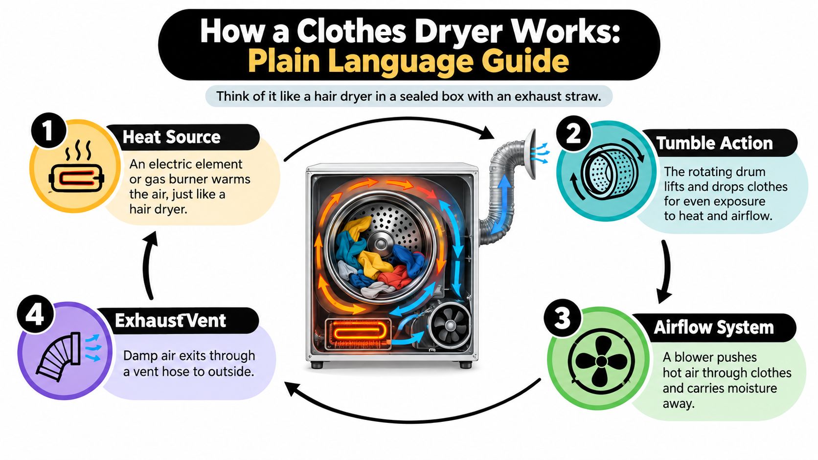 A simplified diagram showing the four main components of a clothes dryer: heat, tumbling, airflow, and exhaust.