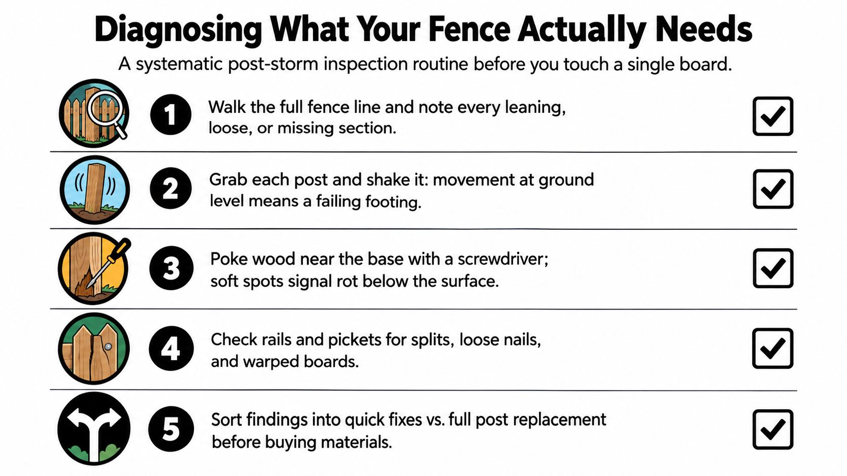 An infographic outlining a five-step systematic inspection routine to diagnose and assess post-storm fence damage.