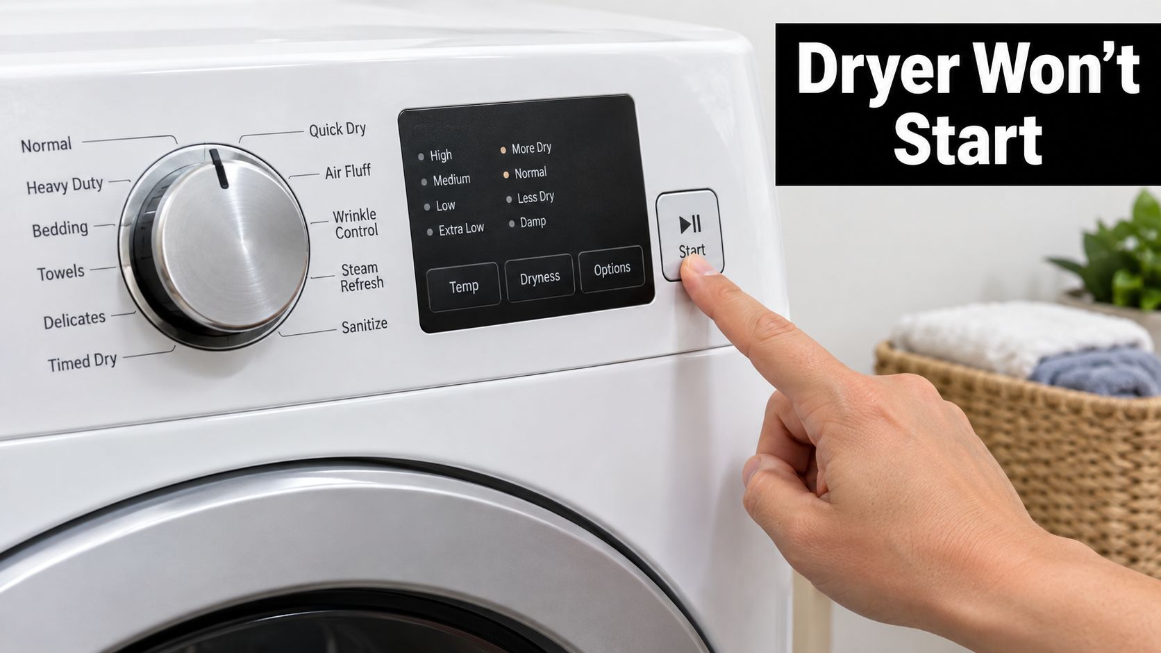 A close-up of a person's hand pressing the start button on a white dryer control panel.