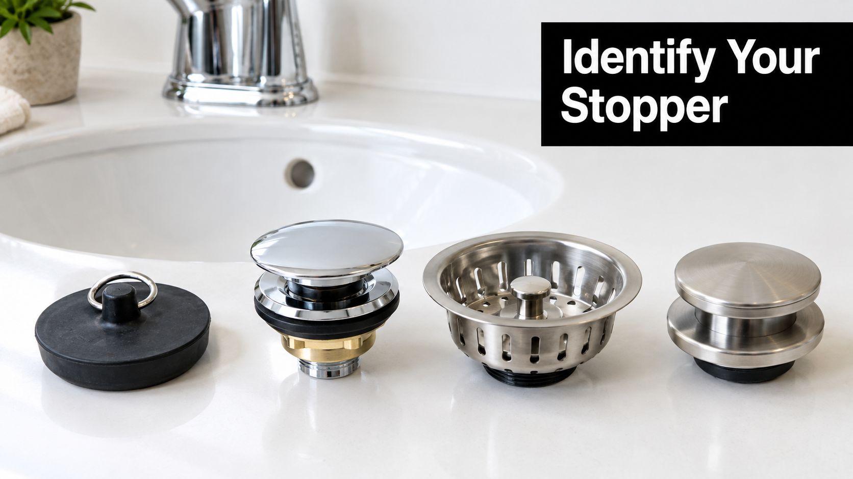 Four different types of bathroom and kitchen sink stoppers displayed on a white countertop in front of a sink.