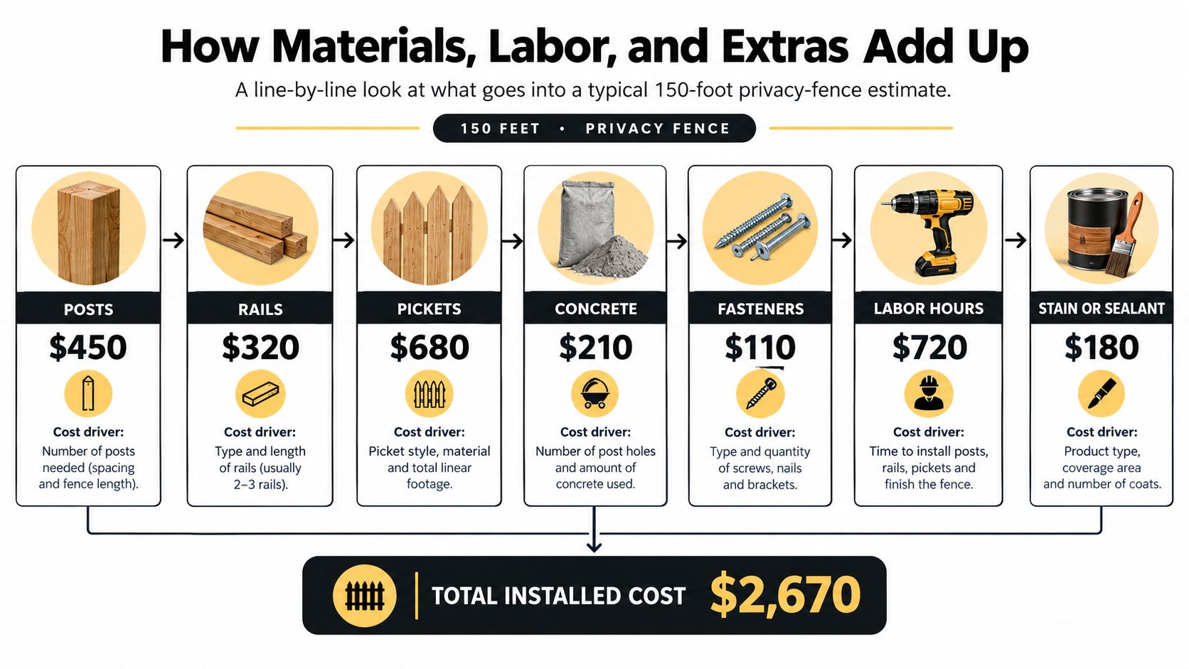 A detailed infographic showing the cost breakdown of a 150-foot privacy fence including materials, labor, and extras.