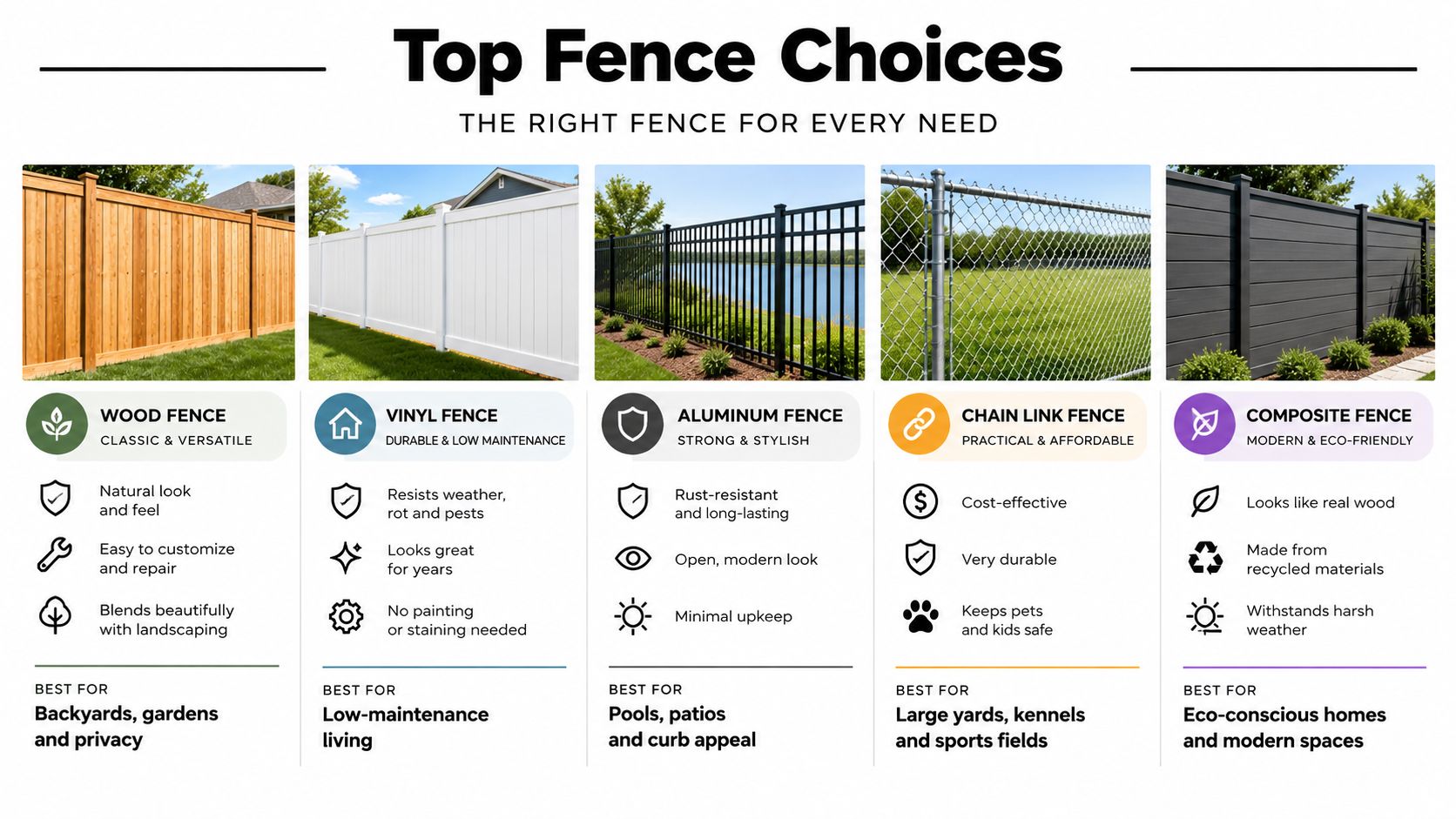 A comparative guide showing five different types of residential fences with their benefits and ideal uses.