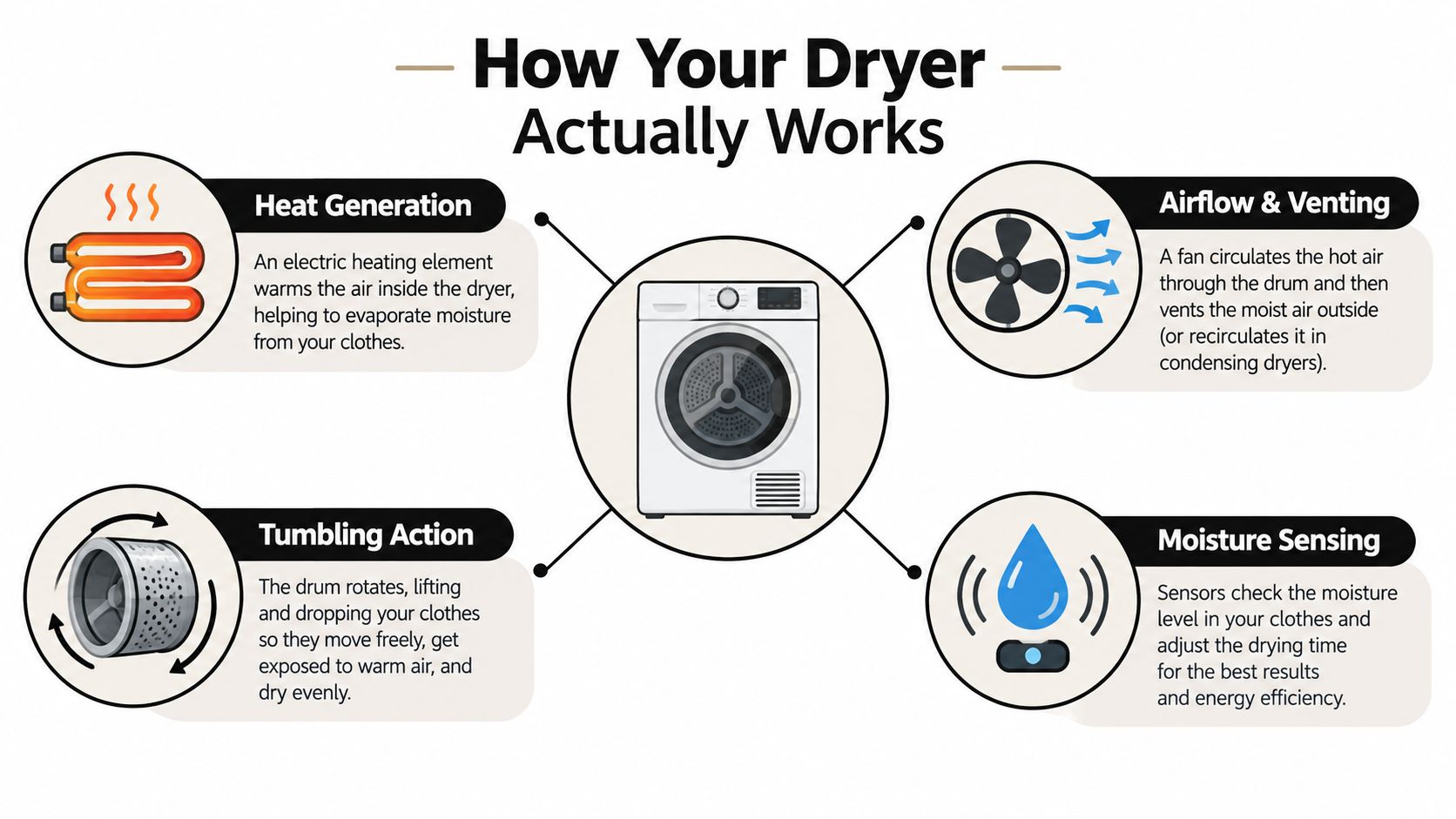 An infographic diagram illustrating the four main components of how a clothes dryer functions efficiently.